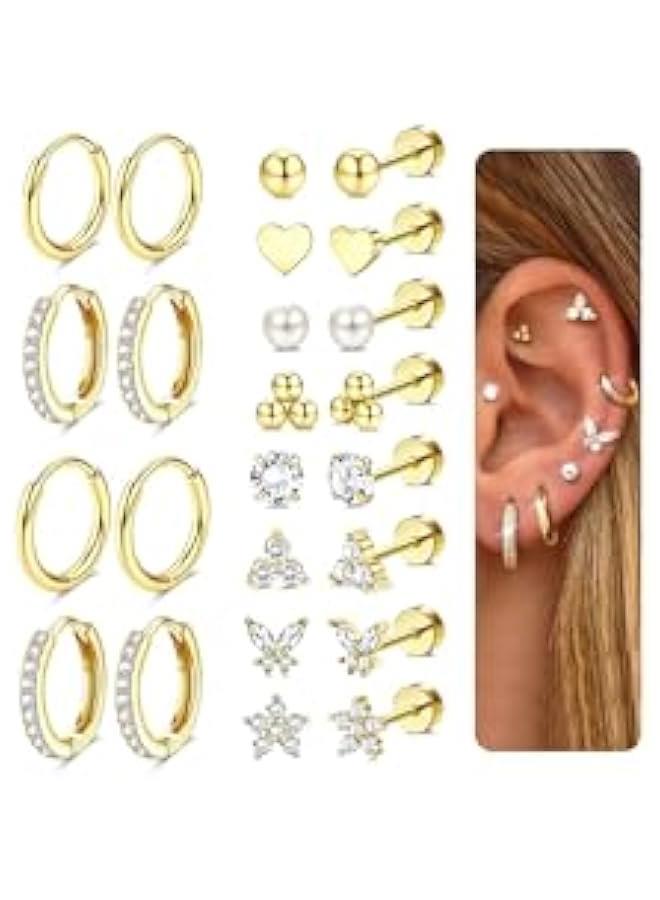 Arabest Hypoallergenic Gold Stud Hoop Earrings for Women Men Surgical Stainless Steel Flat Back Earrings Small 14K Gold Huggie Hoops Cartilage Earring Set for Multiple Piercing Jewelry Gifts for Women  - Image 1