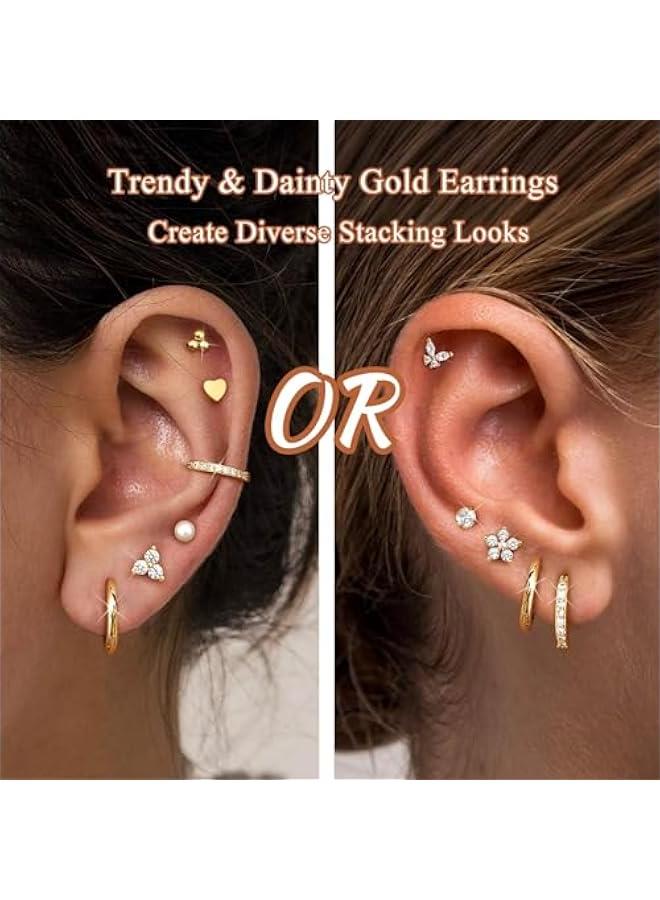 Arabest Hypoallergenic Gold Stud Hoop Earrings for Women Men Surgical Stainless Steel Flat Back Earrings Small 14K Gold Huggie Hoops Cartilage Earring Set for Multiple Piercing Jewelry Gifts for Women  - Image 4