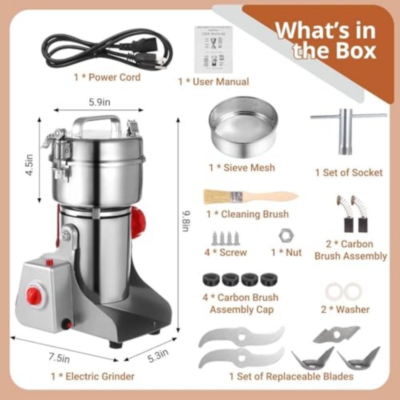 Grain Mill Grinder 800g, Electric Stainless Steel High-Speed Spice Herb Grinder, 3200W Swing Type Cereals Corn Flour Pulverizer Powder Machine for Dry Spice Herbs Grains Coffee Rice Pepper - Image 2