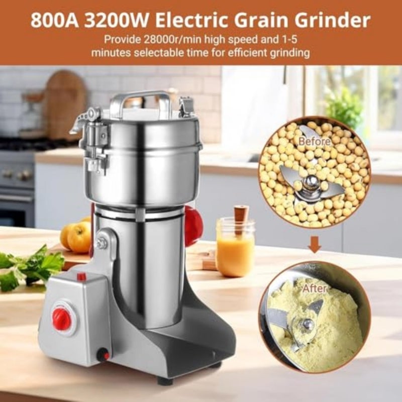 Grain Mill Grinder 800g, Electric Stainless Steel High-Speed Spice Herb Grinder, 3200W Swing Type Cereals Corn Flour Pulverizer Powder Machine for Dry Spice Herbs Grains Coffee Rice Pepper - Image 3