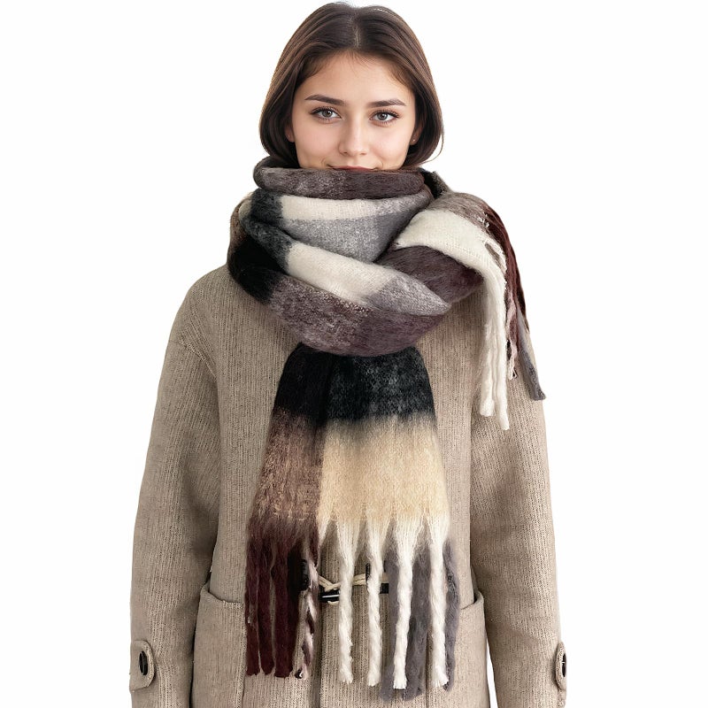 Beurlike Winter Scarf for Women Chunky Warm Thick Tassel Blanket Scarves Plaid Long Shawl for Cold Weatherï¼ˆCoffee 21ï¼‰ - Image 1