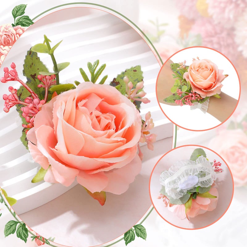 Sherr Wedding Rose Wrist Corsage Wristlet Band for Bridal Bridesmaid Women Flowers Bracelets Decor Wedding Artificial Flowers for Party Prom Homecoming(Pink,24 Pcs) - Image 2