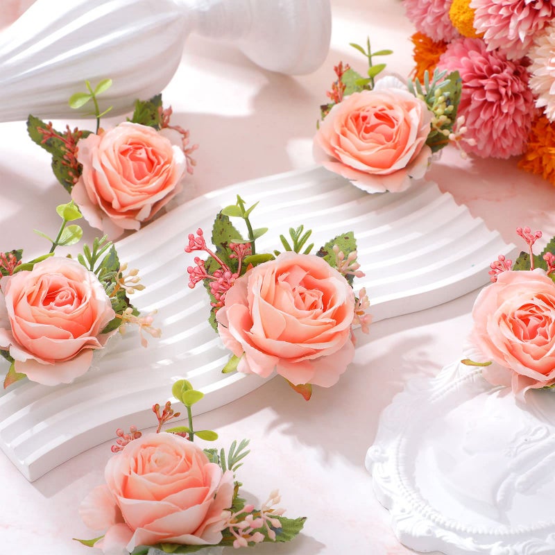 Sherr Wedding Rose Wrist Corsage Wristlet Band for Bridal Bridesmaid Women Flowers Bracelets Decor Wedding Artificial Flowers for Party Prom Homecoming(Pink,24 Pcs) - Image 3