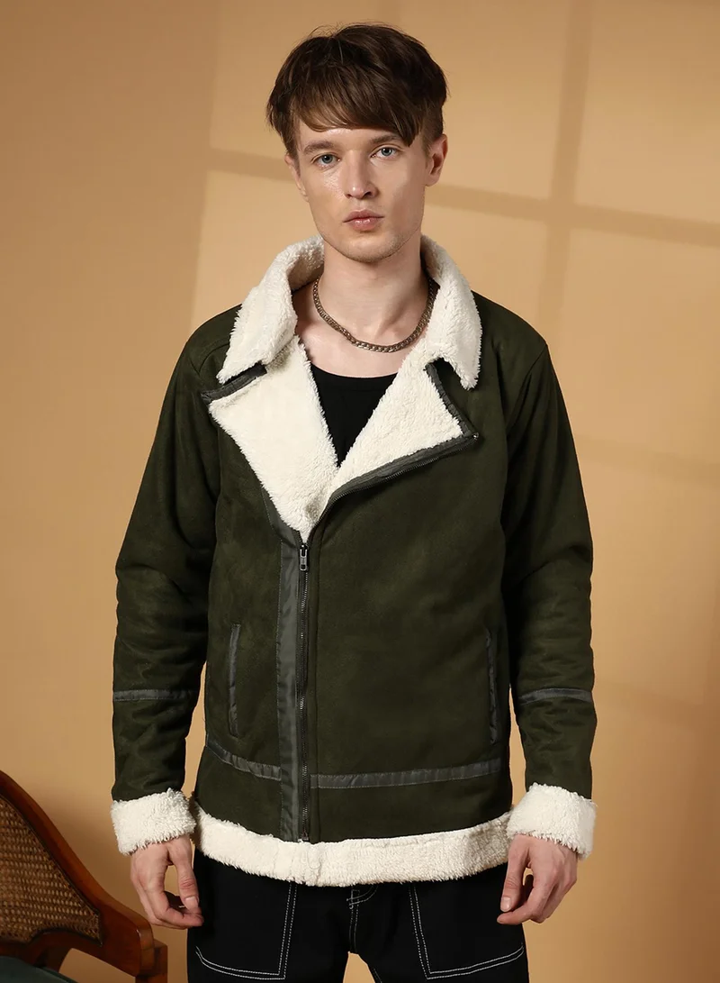 كامبوس سوترا Men's Seaweed Green Contrast Sherpa-Lined Suede Biker Jacket