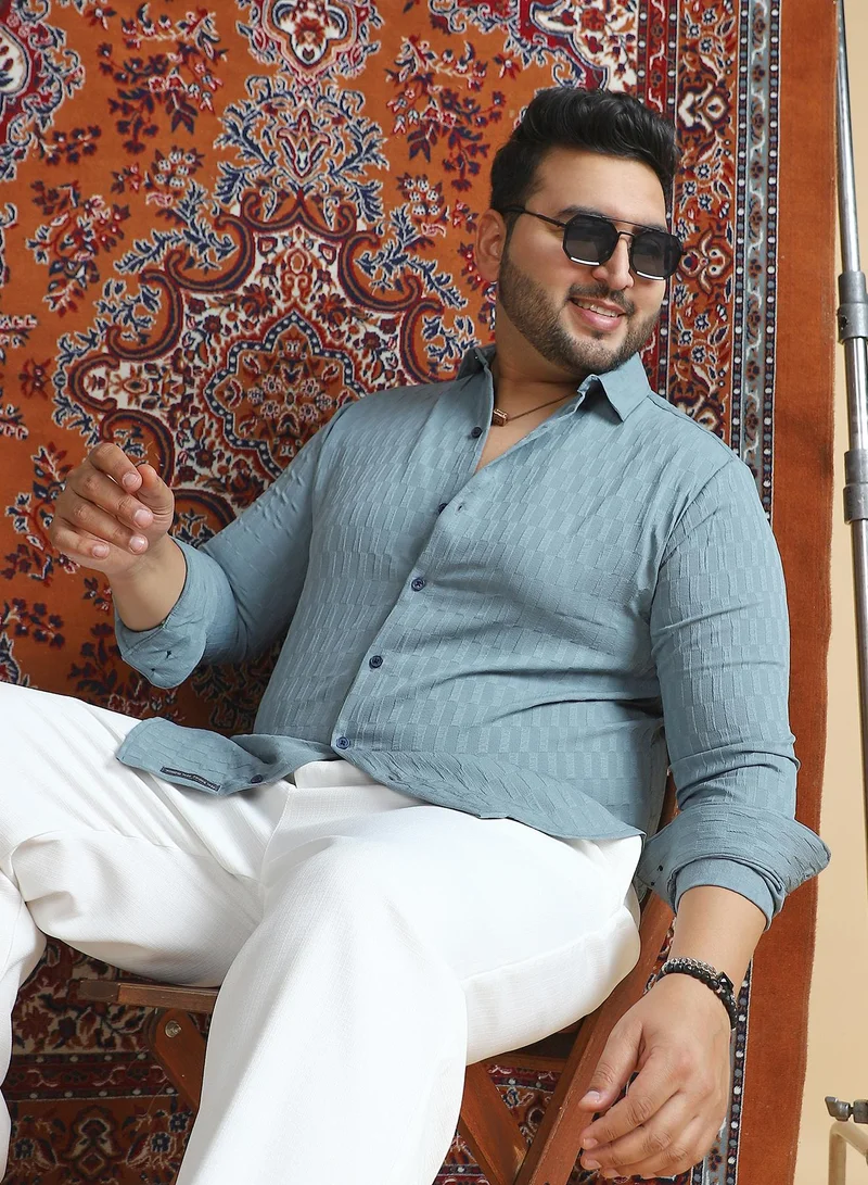 انستافاب بلس قميص رجالي أزرق فولاذي بتصميم مسلة - قميص لمسي للملابس الكاجوال بياقة ممتدة وأكمام طويلة بأزرار ومقاسات كبيرة بفتحة مريحة للارتداء اليومي