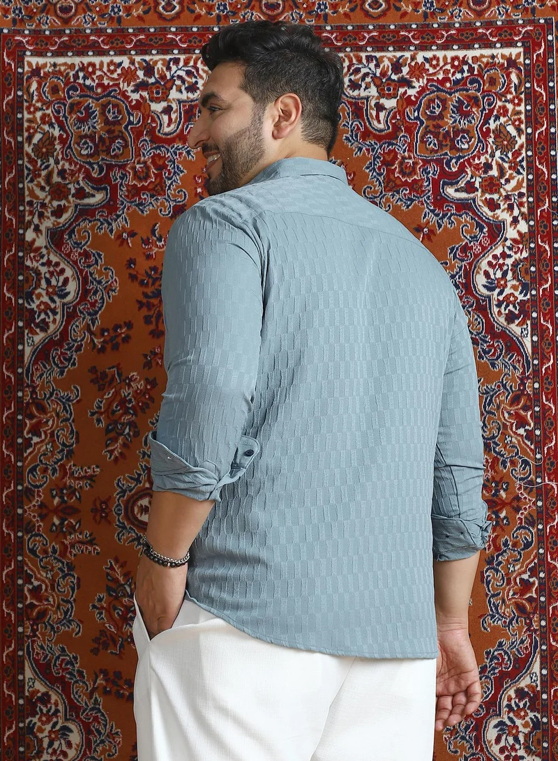 Instafab Plus  Men's Steel Blue Obelisk -Tactile Shirt For Casual Wear | Spread Collar | Long Cuffed Sleeves | Button Closure | Plus Size Shirt Crafted With Comfort Fit For Everyday Wear for Men | Best Price UAE