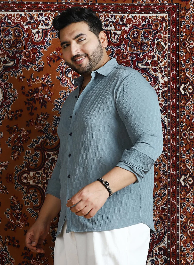 Instafab Plus  Men's Steel Blue Obelisk -Tactile Shirt For Casual Wear | Spread Collar | Long Cuffed Sleeves | Button Closure | Plus Size Shirt Crafted With Comfort Fit For Everyday Wear for Men | Best Price UAE