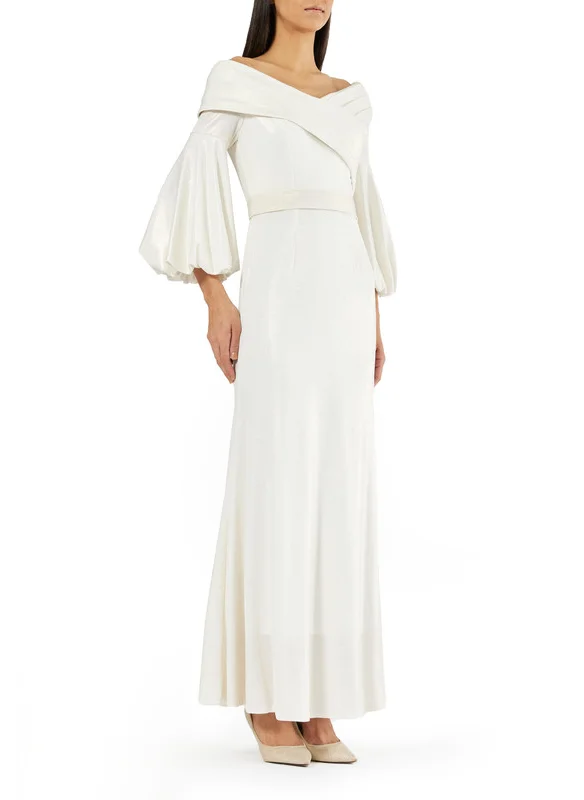 Amri Wide Pleated Wrap Dress with Long Statement Puff Sleeves and Tie-up Belt