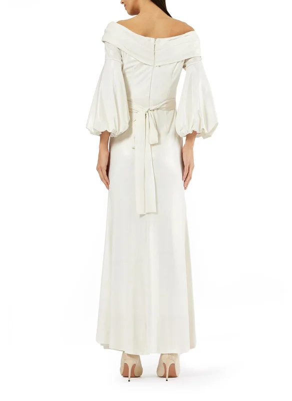 Amri Wide Pleated Wrap Dress with Long Statement Puff Sleeves and Tie-up Belt