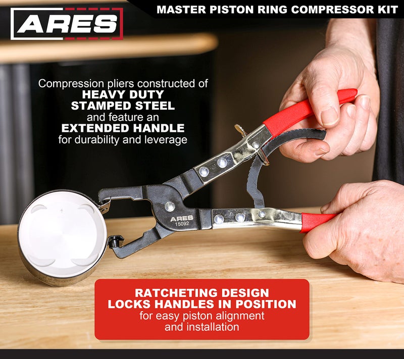 ARES 15092 – Master Piston Ring Compressor Kit – Heavy Duty Stamped Steel Construction for Strong and Secure Band Compression - Piston Size Coverage from 2-7/8-Inch to 4-3/8-Inch (73mm to 111mm) - Image 4