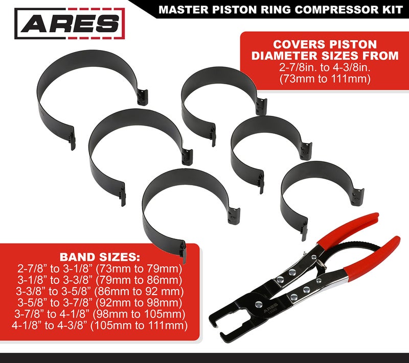 ARES 15092 – Master Piston Ring Compressor Kit – Heavy Duty Stamped Steel Construction for Strong and Secure Band Compression - Piston Size Coverage from 2-7/8-Inch to 4-3/8-Inch (73mm to 111mm) - Image 3