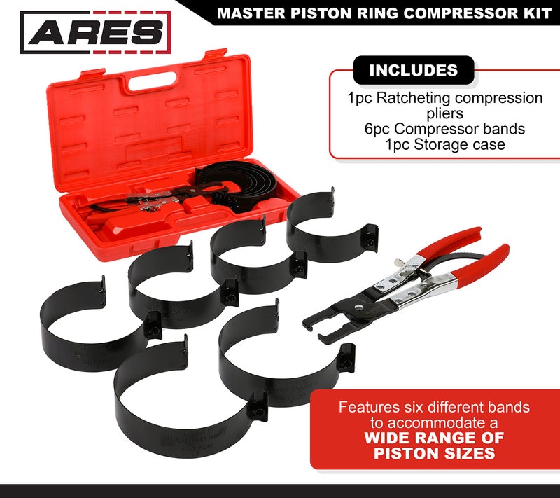ARES 15092 – Master Piston Ring Compressor Kit – Heavy Duty Stamped Steel Construction for Strong and Secure Band Compression - Piston Size Coverage from 2-7/8-Inch to 4-3/8-Inch (73mm to 111mm) - Image 2
