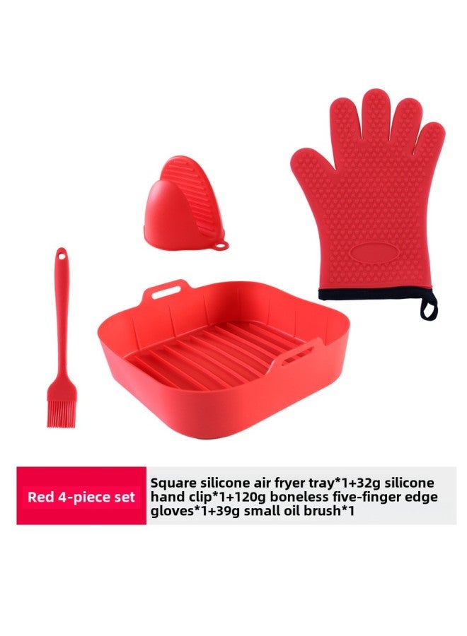 Air Fryer Baking Pan Set Round Oil-Proof Silicone Baking Pan Silicone Cake Mold Air Fryer Accessories-Specifications:Set 11 Red (square Air Fryer Plate * 1+32G Hand Clip * 1 + Boneless Edge 120g Edging Gloves * 1+39g Small Brush * 1)  - Image 1