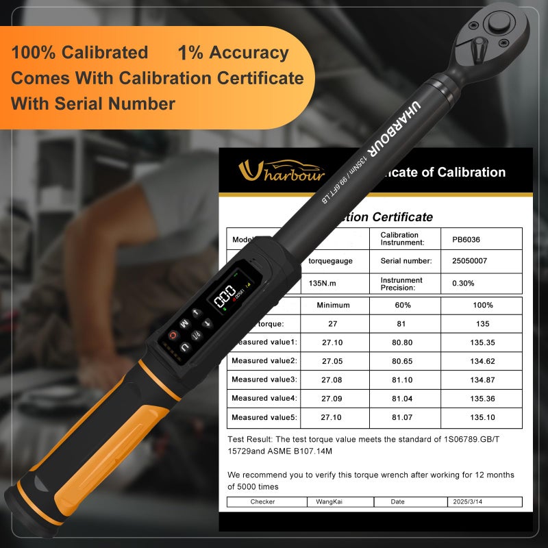 Uharbour Digital Torque Wrench 3/8 Drive, 1.5-99.5 ft-lbs./6.8-135Nm Range, Electric Torque Wrench with Dual Direction Ratchet, Â±1% Accuracy with Vibration, Buzzer and LED Alert - Image 4