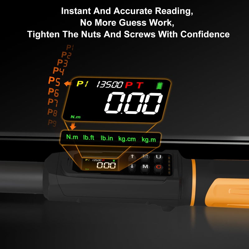 Uharbour Digital Torque Wrench 3/8 Drive, 1.5-99.5 ft-lbs./6.8-135Nm Range, Electric Torque Wrench with Dual Direction Ratchet, Â±1% Accuracy with Vibration, Buzzer and LED Alert - Image 3
