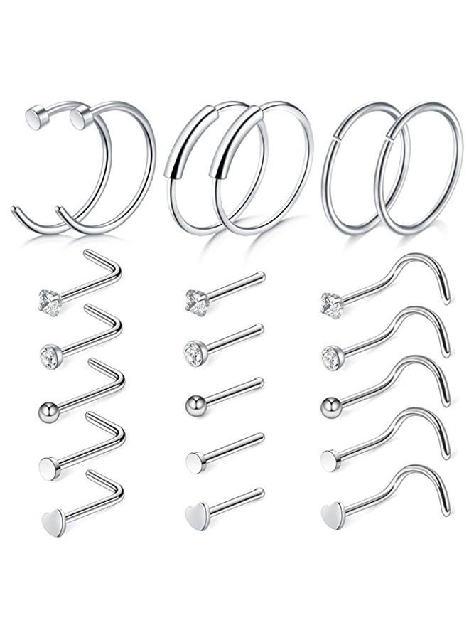 21 قطعة حلقات الأنف الدائرية للنساء والرجال مصنوعة من الفولاذ الجراحي المضاد للحساسية على شكل حرف L أقراط الأنف الدائرية مقاس 8 مم مجوهرات ثقب الأنف الفضية - Image 1