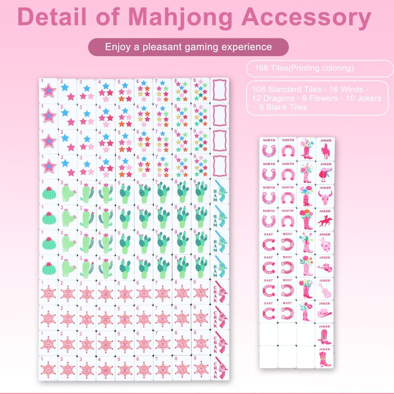 Arrowbash 160 Pcs Pink Cowgirl American Mahjong Set, 1.2 x 0.87 Inches Western Mahjong Tiles, Hand Carved Pattern for Adult Mah Jong Social Games, Beginners, Mah Jong Lovers - Image 3