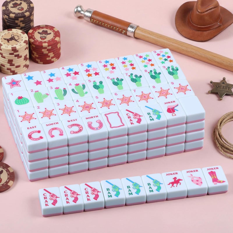 Arrowbash 160 Pcs Pink Cowgirl American Mahjong Set, 1.2 x 0.87 Inches Western Mahjong Tiles, Hand Carved Pattern for Adult Mah Jong Social Games, Beginners, Mah Jong Lovers - Image 4