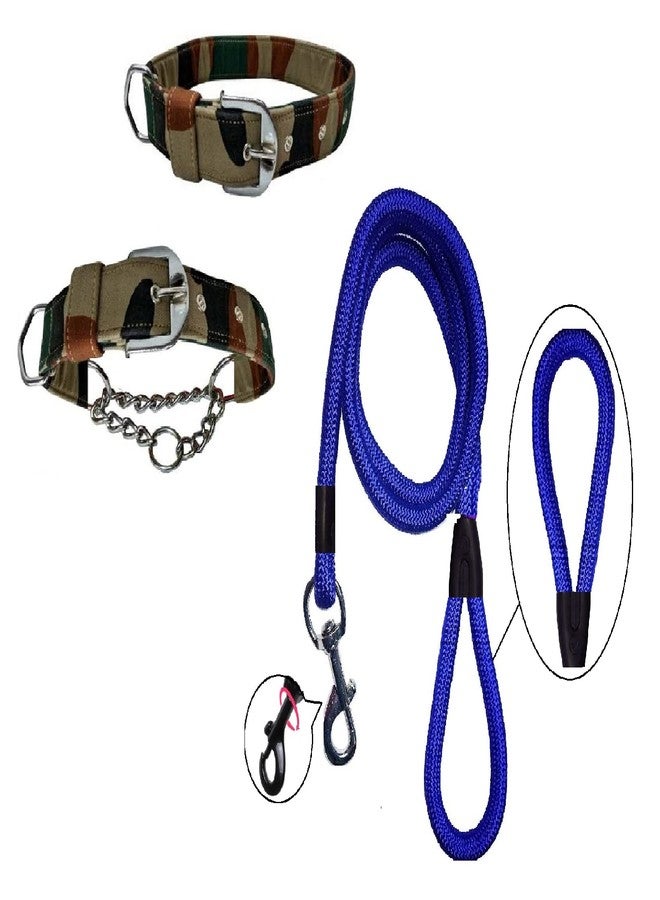 Hachiko:-(Combo of 3) Amazing Quality Nylon Padded Adjustable Dog Choke Collar+Collar+Rope(Large,Army-Blue) - Image 1