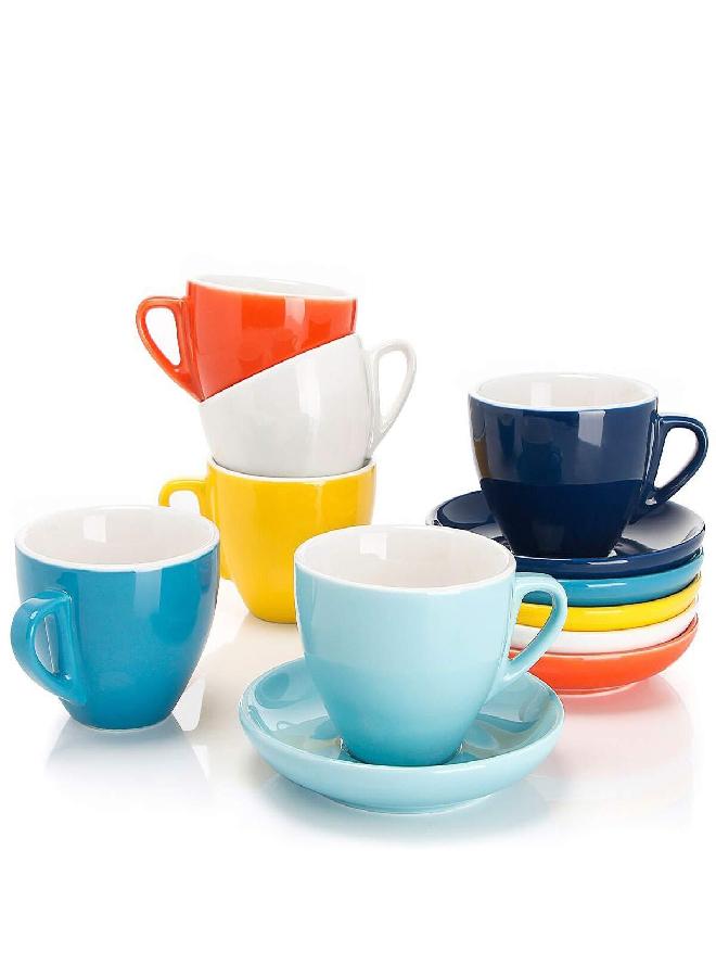 Sweese 6 Ounce Cappuccino Cups with Saucers, Porcelain Double Espresso Cups Set of 6 - Hot Assorted Colors - Image 1