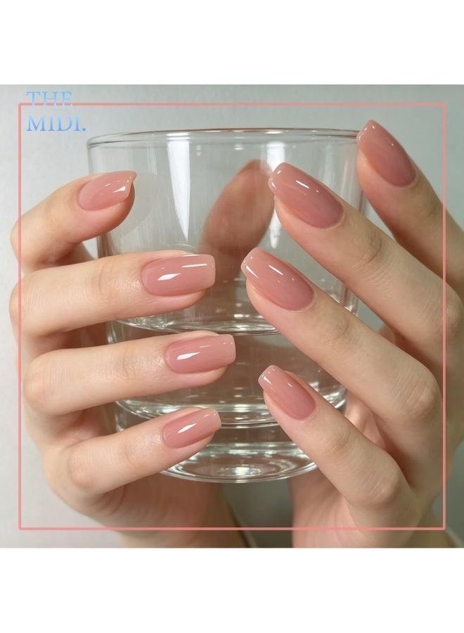 THEMIDI. Nude Pink Press On Nails Short Square Shape Glossy Solid Artificial Nails Set Full Cover Fake Nails Reusable Stick On Nails Soft Gel Acrylic Nail Kit Elegant Minimalist Nails For Women Daily Wear Office Wedding Eid Party Salon Style Long Lasting Damage Free Nails - Image 3