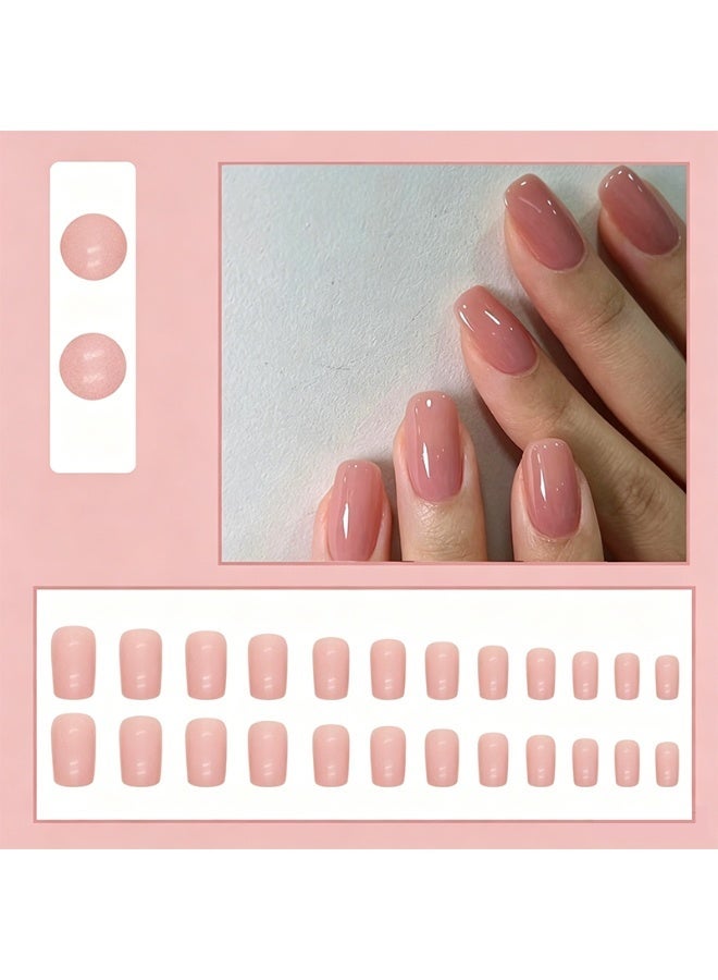 THEMIDI. Nude Pink Press On Nails Short Square Shape Glossy Solid Artificial Nails Set Full Cover Fake Nails Reusable Stick On Nails Soft Gel Acrylic Nail Kit Elegant Minimalist Nails For Women Daily Wear Office Wedding Eid Party Salon Style Long Lasting Damage Free Nails - Image 1