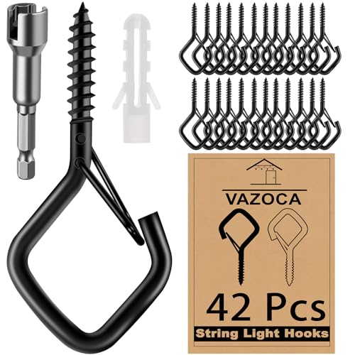VAZOCA 42 Pcs Screw Hooks for Outdoor String Lights, Q-Hanger Hook with Safety Buckle, Patio Wall Ceilling Square Eye Cup Hook for Hanging Plant Pots Christmas Decor Wire Fairy Led, Wind Nut Driver, Black - Image 1