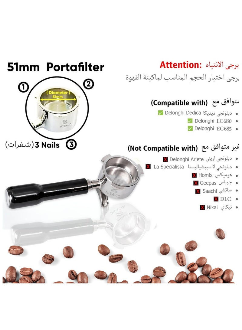 مزاجك فلتر قهوة 51 مم متوافق مع فلتر قهوة DeLonghi Dedica EC680 ذو الفوهتين مع سلة فلتر بديلة من الفولاذ المقاوم للصدأ ومقبض ABS - Image 2