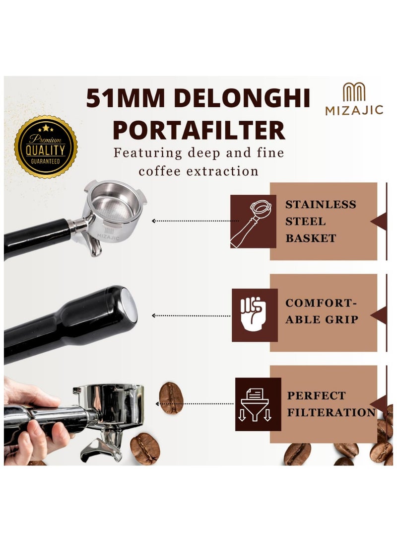 مزاجك فلتر قهوة 51 مم متوافق مع فلتر قهوة DeLonghi Dedica EC680 ذو الفوهتين مع سلة فلتر بديلة من الفولاذ المقاوم للصدأ ومقبض ABS - Image 4