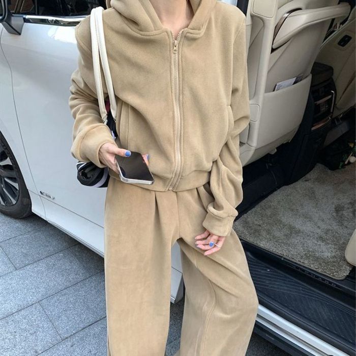 [Self-set Factory in stock Now] Niche Hooded Sweatshirt Jacket Pants Wide Leg Pants Light coffee [suit]