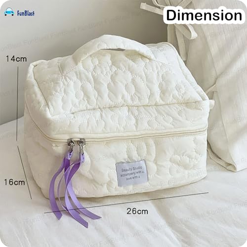 FunBlast Makeup Bag Travel Cosmetic Bag Cute Cotton Toiletry Bag Quilted Flower Organizer Bag Large Capacity Handheld Portable Storage Zipper Purse for Women (White) - Image 3