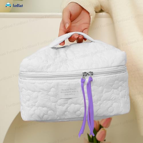 FunBlast Makeup Bag Travel Cosmetic Bag Cute Cotton Toiletry Bag Quilted Flower Organizer Bag Large Capacity Handheld Portable Storage Zipper Purse for Women (White) - Image 2