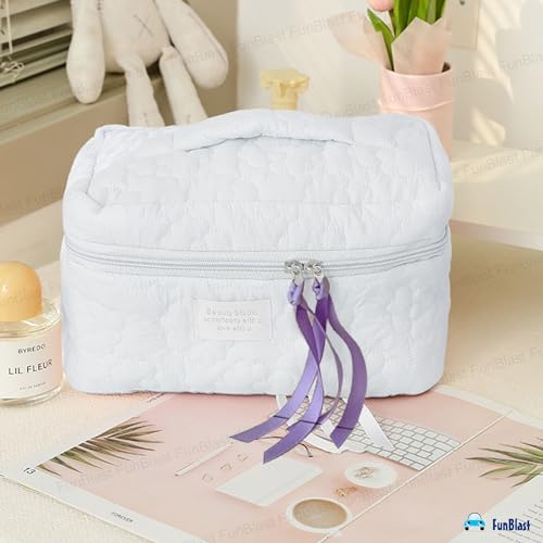 FunBlast Makeup Bag Travel Cosmetic Bag Cute Cotton Toiletry Bag Quilted Flower Organizer Bag Large Capacity Handheld Portable Storage Zipper Purse for Women (White) - Image 5