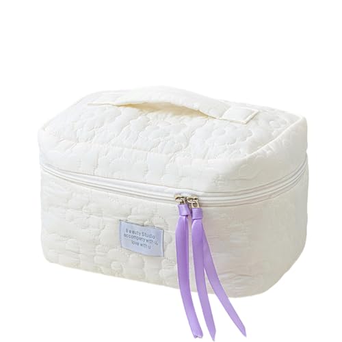 FunBlast Makeup Bag Travel Cosmetic Bag Cute Cotton Toiletry Bag Quilted Flower Organizer Bag Large Capacity Handheld Portable Storage Zipper Purse for Women (White) - Image 1