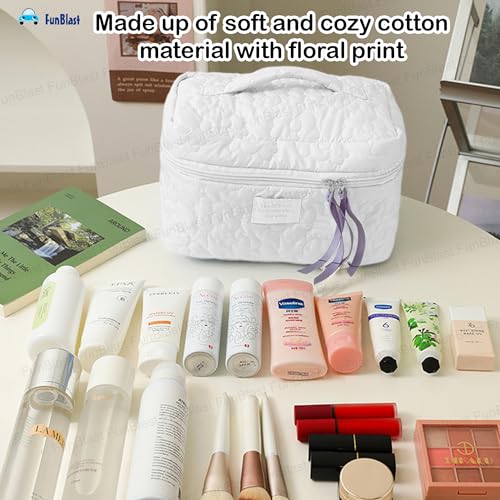 FunBlast Makeup Bag Travel Cosmetic Bag Cute Cotton Toiletry Bag Quilted Flower Organizer Bag Large Capacity Handheld Portable Storage Zipper Purse for Women (White) - Image 4