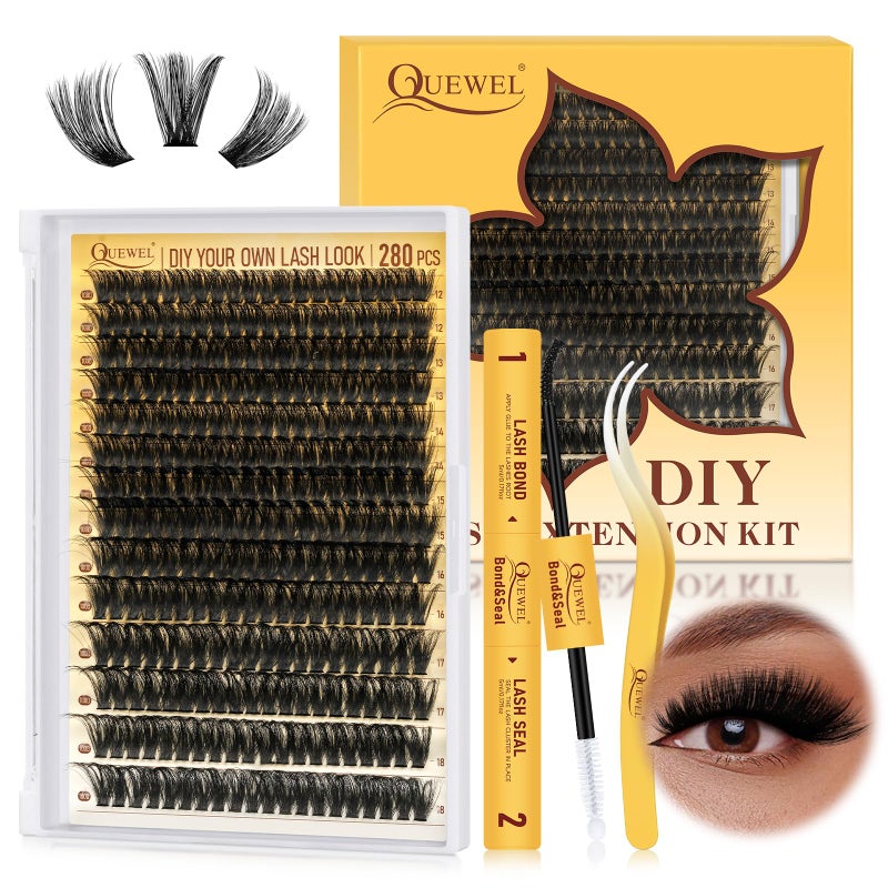 طقم تمديد الرموش DIY من QUEWEL 320 قطعة 100D طقم مجموعات الرموش مختلط 12-18 مم مجموعات رموش 3D مع لاصق الرموش وختم وملاقط الرموش لإنشاء مجموعات رموش 3D بسهولة في المنزل 100D طقم
