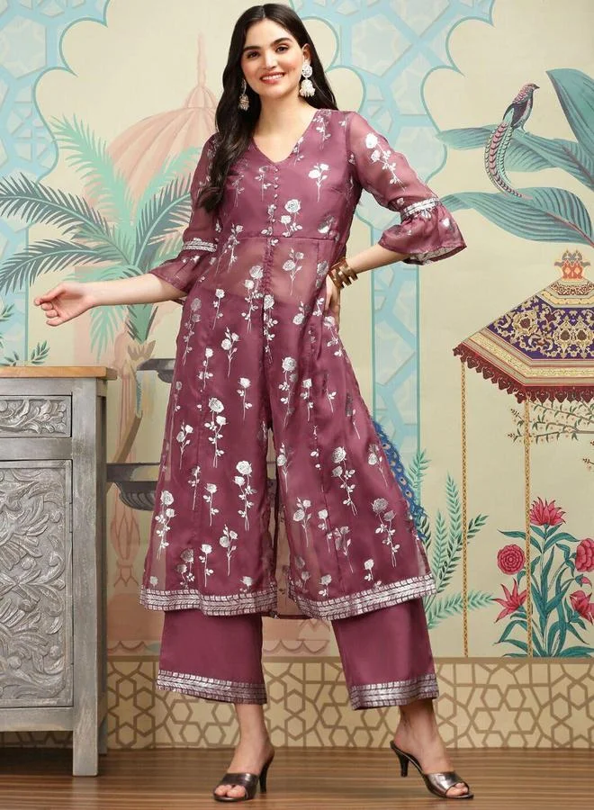 ISHIN Ishin Printed V-Neck A-Line Kurta and Trousers Sets
