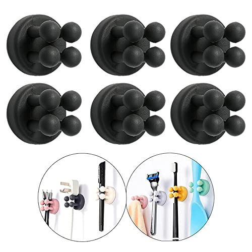 Defrko Silicone Toothbrush Holders - 6Pcs Razor Hooks Adhesive Wall Mounted for Hanging Towel Key Plug Cable, Utility Decor Stick to Dorm Room Door Function for Kitchen Bathroom Home Office, Black - Image 1