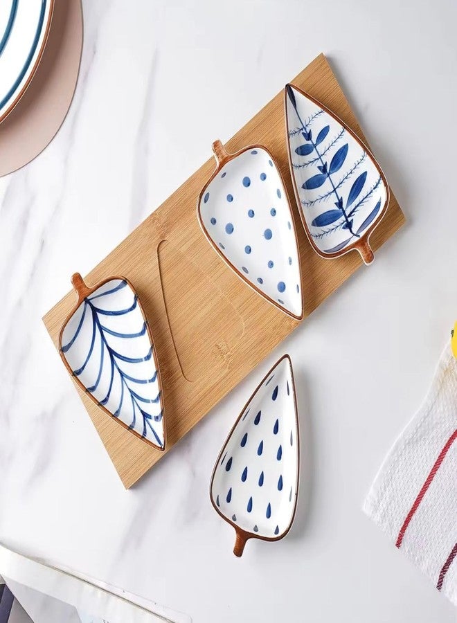 Beyond Homes Ceramic Serving Platter | 4 Leaf-Shaped Snack Bowls with Wooden Tray | Hand Painted Dry Fruit, Sweet & Snack Server for Dining Table & Parties (White & Blue) - Image 3