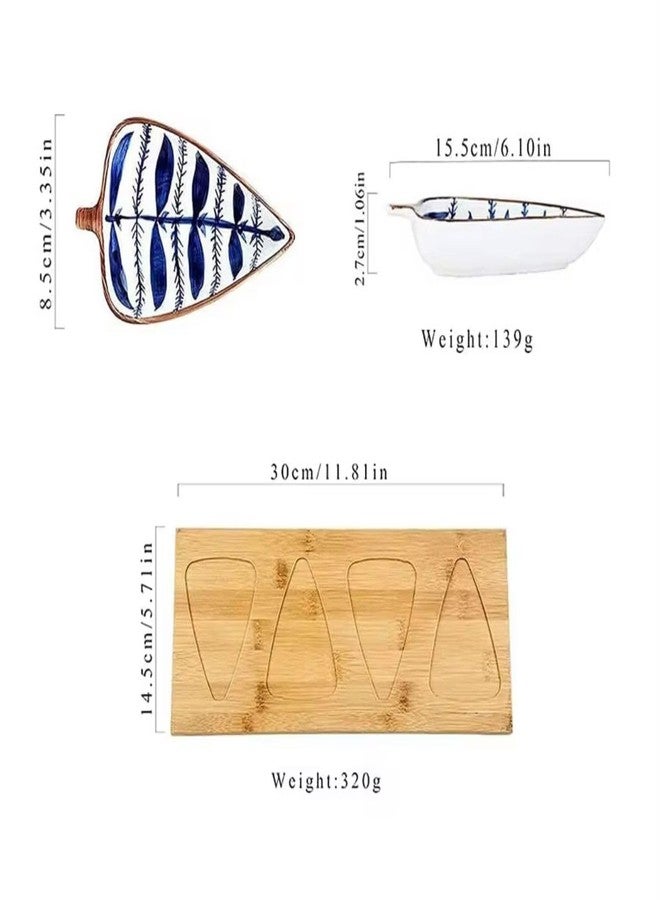 Beyond Homes Ceramic Serving Platter | 4 Leaf-Shaped Snack Bowls with Wooden Tray | Hand Painted Dry Fruit, Sweet & Snack Server for Dining Table & Parties (White & Blue) - Image 4