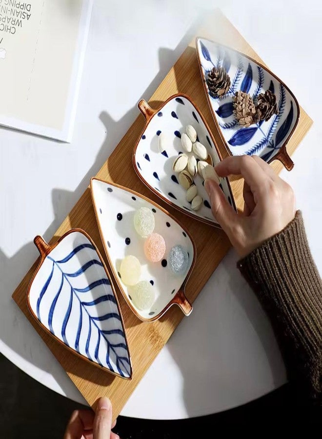 Beyond Homes Ceramic Serving Platter | 4 Leaf-Shaped Snack Bowls with Wooden Tray | Hand Painted Dry Fruit, Sweet & Snack Server for Dining Table & Parties (White & Blue) - Image 1
