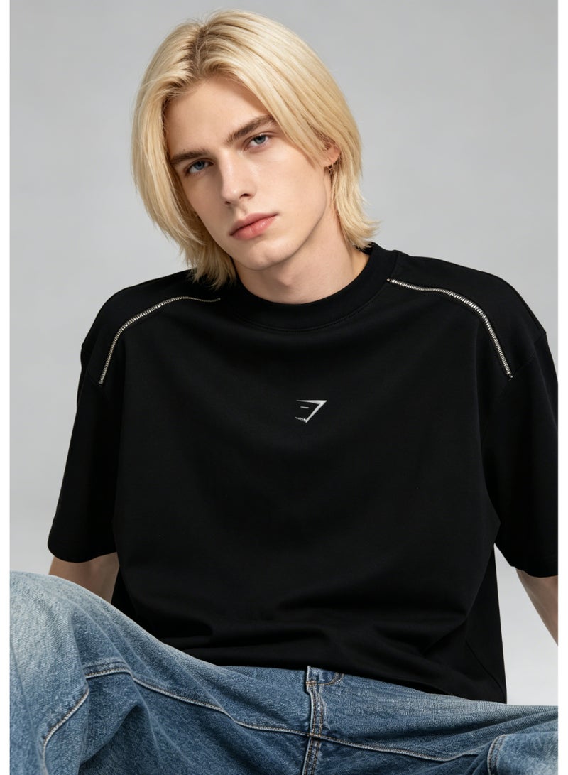 Gymshark Minimal Oversized Men Black T-Shirt Small Silver Chest Logo Silver Metal Teeth Decorative Shoulder Zipper Breathable Workout Casual Cotton Tee - Image 1