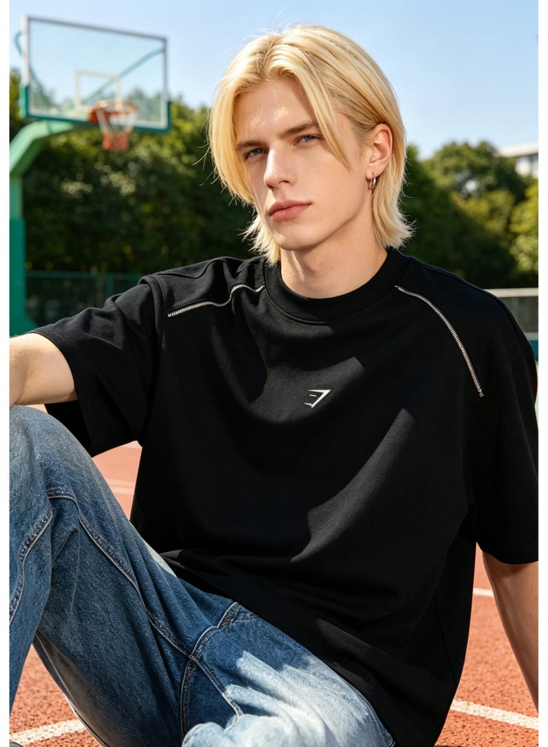 Gymshark Minimal Oversized Men Black T-Shirt Small Silver Chest Logo Silver Metal Teeth Decorative Shoulder Zipper Breathable Workout Casual Cotton Tee - Image 5