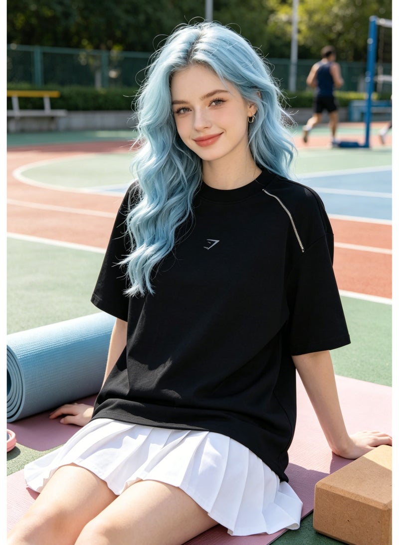 Gymshark Minimal Oversized Men Black T-Shirt Small Silver Chest Logo Silver Metal Teeth Decorative Shoulder Zipper Breathable Workout Casual Cotton Tee - Image 4