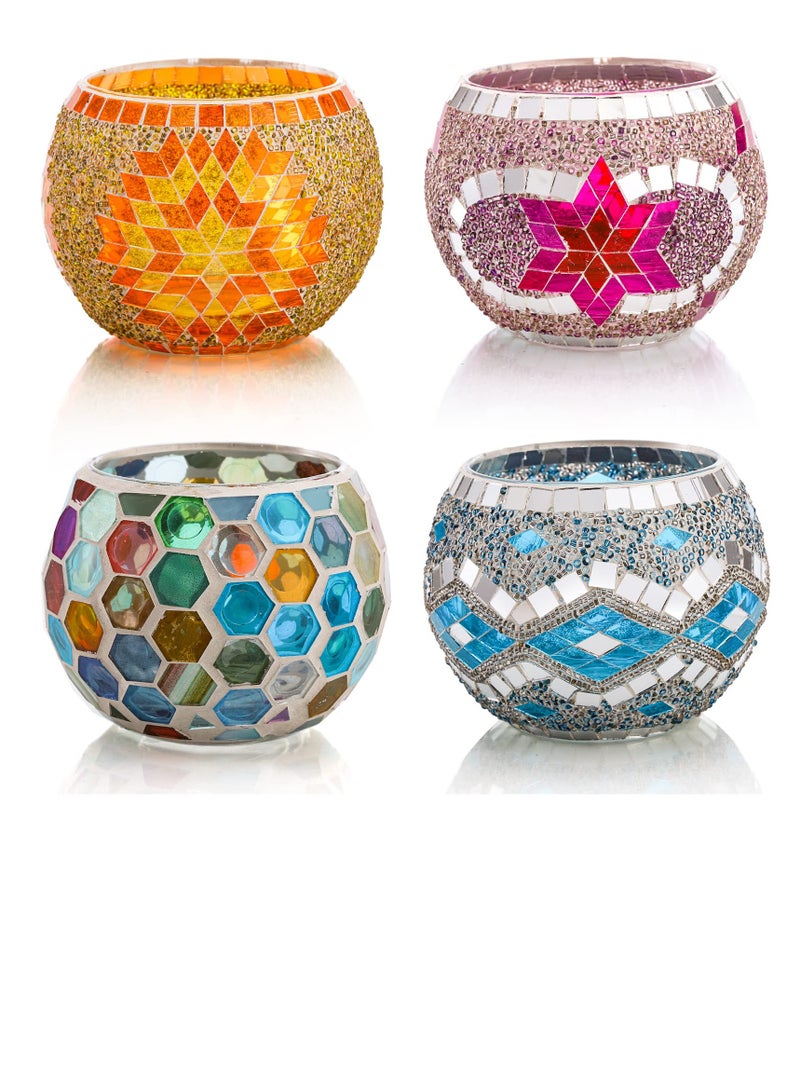 Excefore Mosaic Glass Votive Candle Holders, 4 Pack 4 Styles Mosaic Tealight Bowls, Round Decorative Candle Holder, Handmade Romantic LED Candle Lamps Holder for Home, Table, Party, Wedding Decor - Image 1