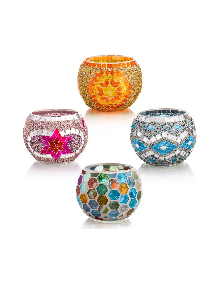 Excefore Mosaic Glass Votive Candle Holders, 4 Pack 4 Styles Mosaic Tealight Bowls, Round Decorative Candle Holder, Handmade Romantic LED Candle Lamps Holder for Home, Table, Party, Wedding Decor - Image 3