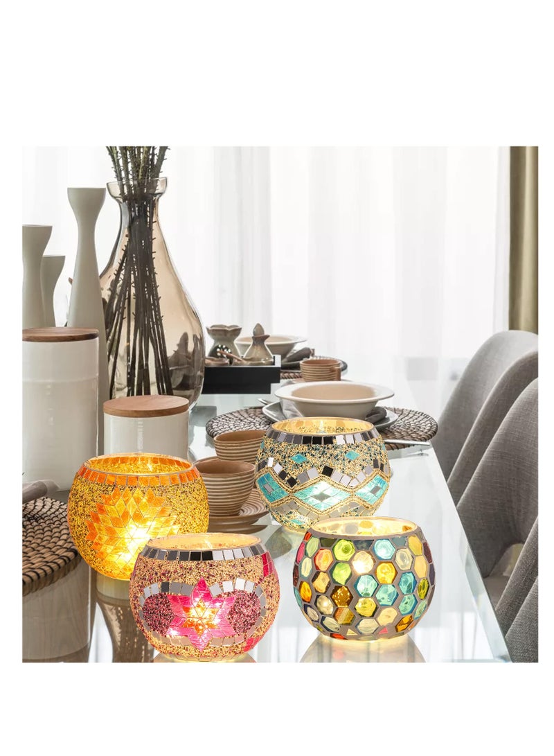 Excefore Mosaic Glass Votive Candle Holders, 4 Pack 4 Styles Mosaic Tealight Bowls, Round Decorative Candle Holder, Handmade Romantic LED Candle Lamps Holder for Home, Table, Party, Wedding Decor - Image 5