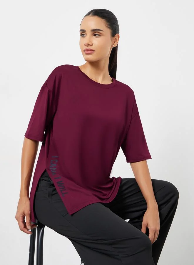 Styli Active Slogan Side Slit Detail Loose Yoga Fit Top