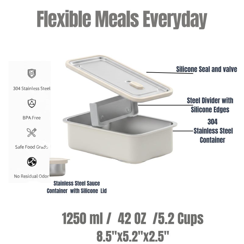 Modaniam ModaniamStainless Steel Bento Box, Stainless Steel Lunch Box for Adults, 42 OZ, Metal Lunch Box, Lunch Containers with Compartment, Vanilla, Leak Proof - Image 4