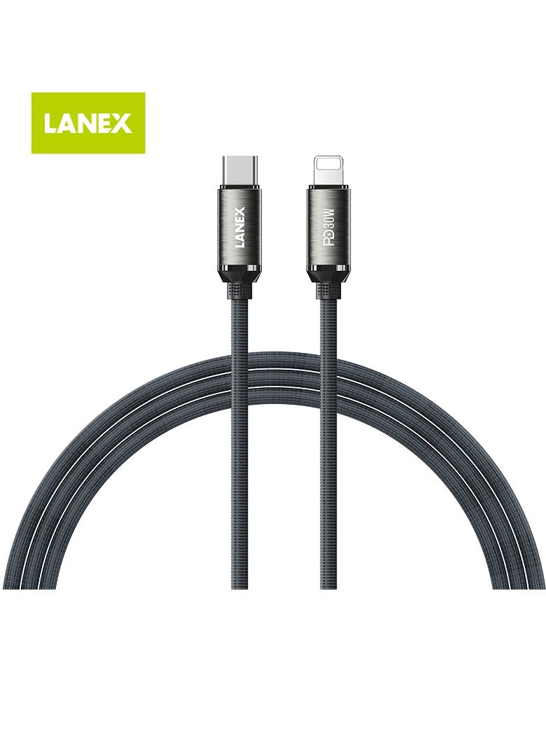 LANEX Lanix LS56CL 30W PD Fast Charging Cable, 2m Braided Fabric, USB C to Lightning Compatible with iPhone 14, 14 Plus, 14 Pro, 14 Pro Max, iPhone 13, 12, 11, XS, Pro Max, Pro, Mini, SE, iPad 9, Black - Image 1